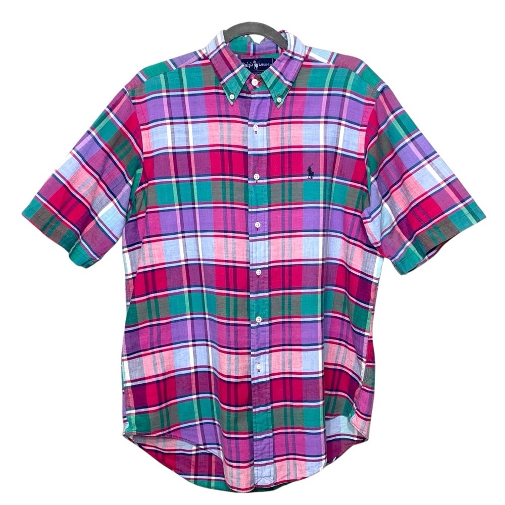 Polo Ralph Lauren Madras Plaid Button-Down Shirt Short-Sleeve Sz L Hand Woven